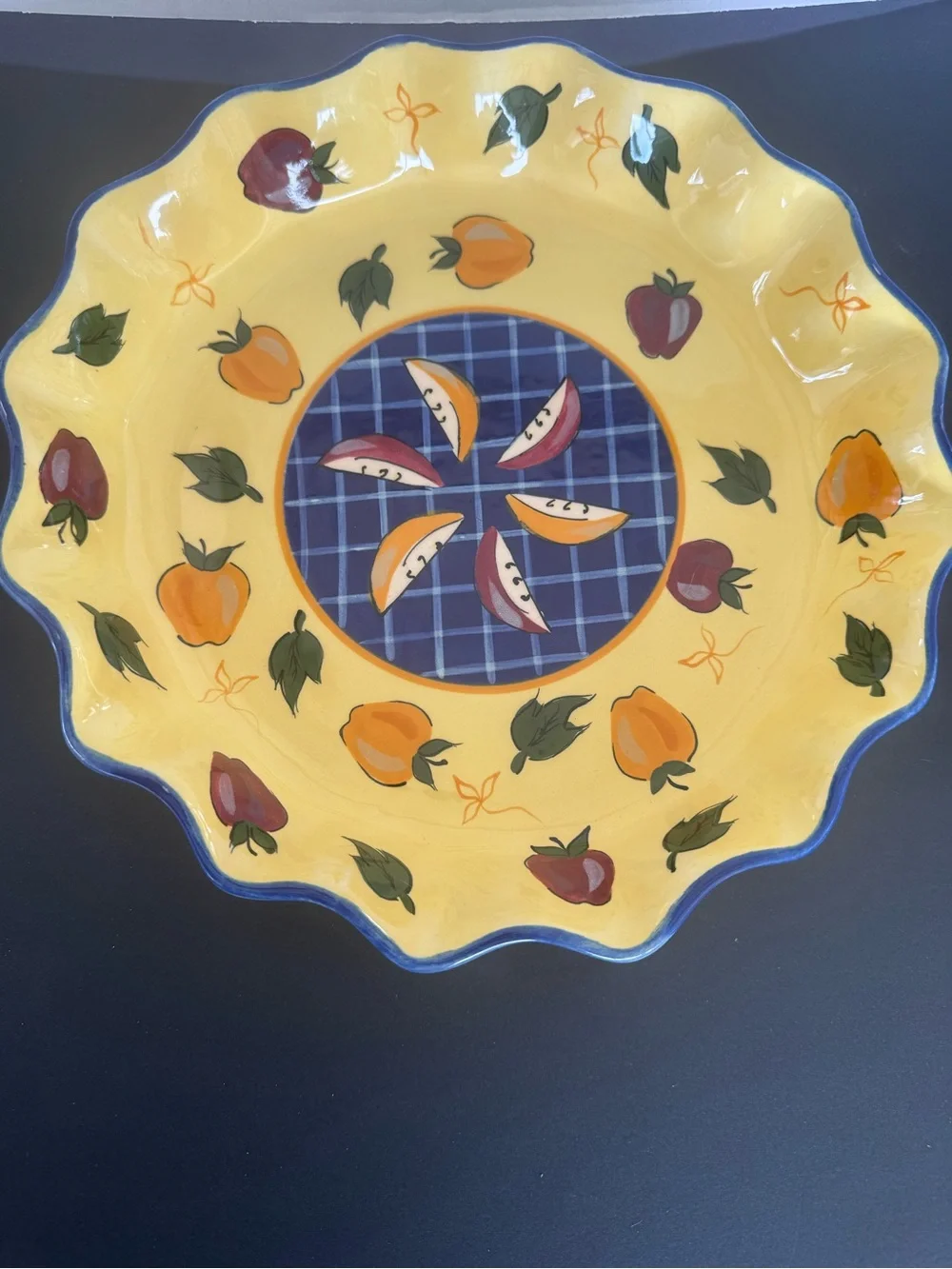 Hand-Painted Yellow and Blue Fruit Ceramic Serving Bowl